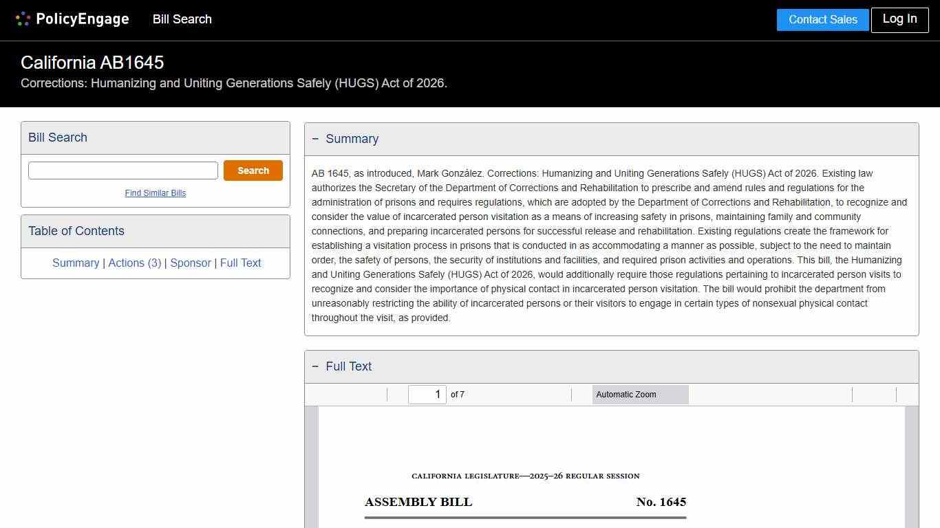 AB1645 California 2025-2026 Corrections: Humanizing and Uniting Generations Safely (HUGS) Act of 2026. - Legislative Tracking PolicyEngage