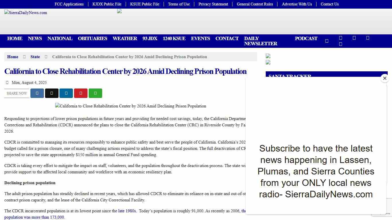 California to Close Rehabilitation Center by 2026 Amid Declining Prison Population - SierraDailyNews.com